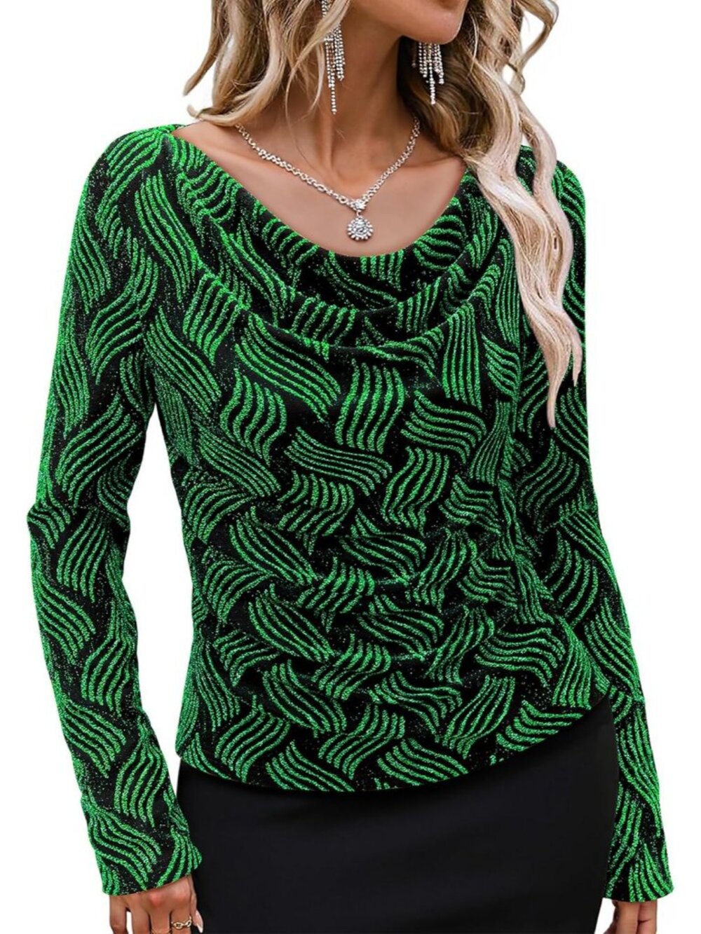 Women's Black Green Cowl Neck Stretchy Glitter Cocktail Party Long Sleeve Tops